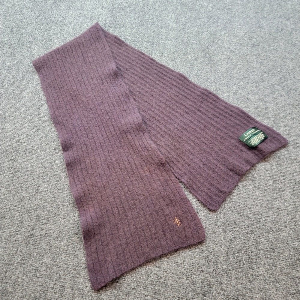 Lauren Ralph Lauren Purple Lambswool Angora Ribbed Knit Scarf Embroidered Logo
